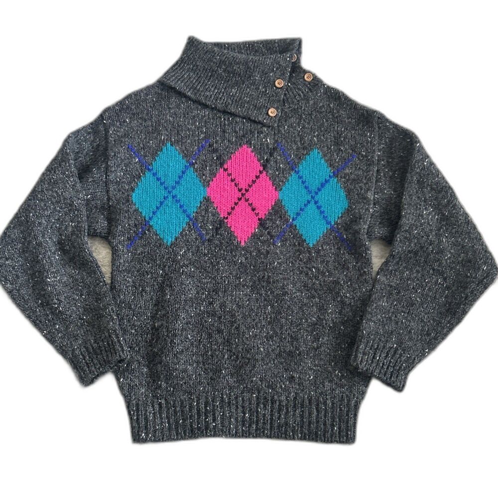 Gap Sweater Womens Large Vintage 80s 90s Argyle Wool Blend Gray Cowl Turtle Neck